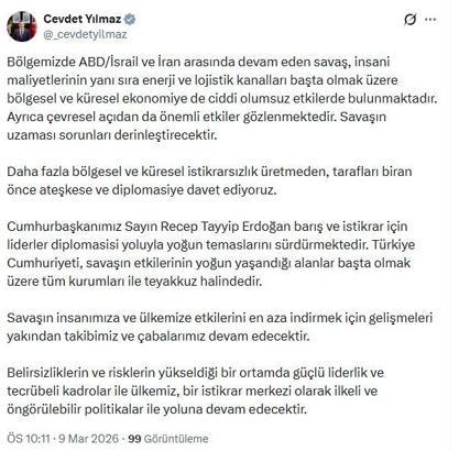 Cevdet Yılmaz: Tarafları biran önce ateşkese ve diplomasiye davet ediyoruz