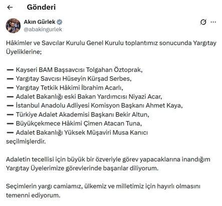 Bakan Gürlek, Yargıtay üyeliğine seçilen 8 ismi açıkladı