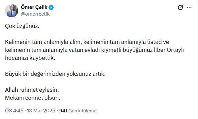 AK Parti Sözcüsü Çelik'ten İlber Ortaylı için taziye mesajı