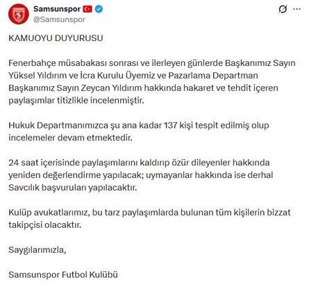 Samsunspor, hakaret ve tehdit paylaşımları için 137 kişi hakkında hukuki işlem başlatacak