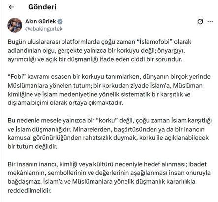 Bakan Gürlek: İslam’a ve Müslümanlara yönelik düşmanlık kararlılıkla reddedilmelidir