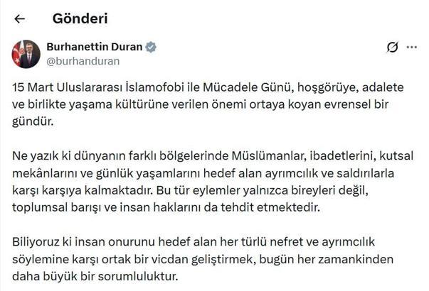 Burhanettin Duran’dan 'İslamofobi ile Mücadele Günü' mesajı