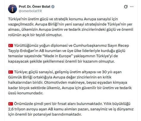 Bakan Bolat: 'Made in Europe' yaklaşımı önemli bir kazanım oldu