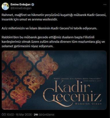 Emine Erdoğan'dan 'Kadir Gecesi' mesajı