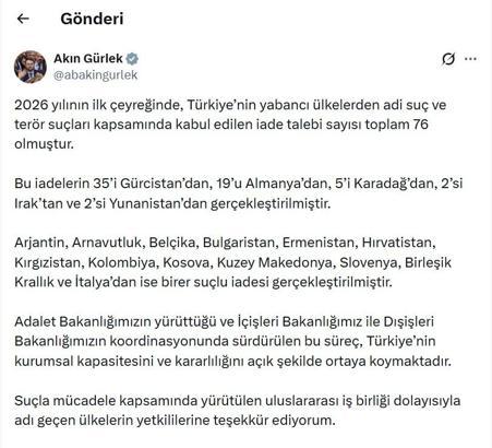 Bakan Gürlek: 2026'nın ilk çeyreğinde 76 suçlu Türkiye’ye iade edildi