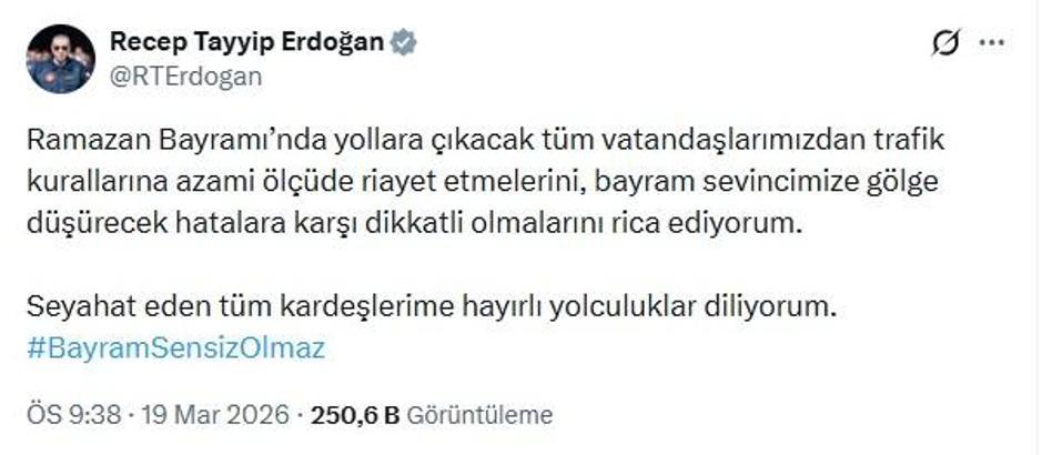 Cumhurbaşkanı Erdoğan’dan bayramda trafiğe çıkacak vatandaşlara mesaj