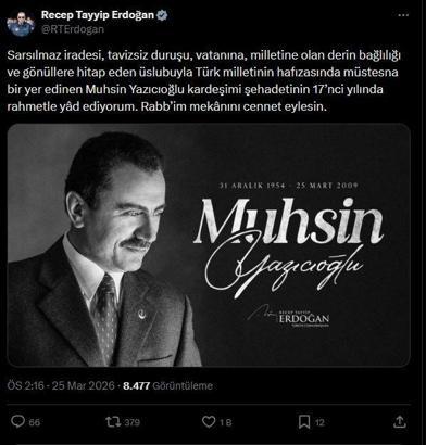 Cumhurbaşkanı Erdoğan, Muhsin Yazıcıoğlu'nu andı