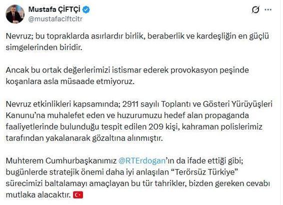 Nevruz'da terör propagandası yapan 209 şüpheliye gözaltı