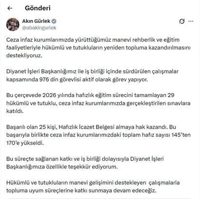 Bakan Gürlek: Ceza infaz kurumlarımızdaki hafız sayısı 170'e yükseldi