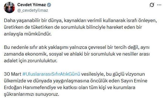 Cevdet Yılmaz'dan 'Uluslararası Sıfır Atık Günü' mesajı