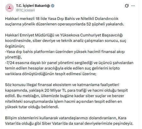 Hakkari merkezli 18 ilde 'yasa dışı bahis' operasyonu: 52 gözaltı