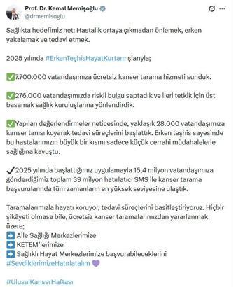 Bakan Memişoğlu: 2025 yılında 7 milyon 700 bin kişiye kanser taraması yapıldı