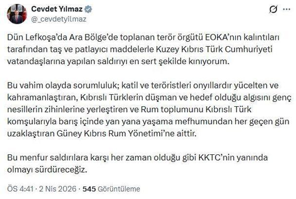 Cevdet Yılmaz: EOKA kalıntılarının saldırısını en sert şekilde kınıyorum