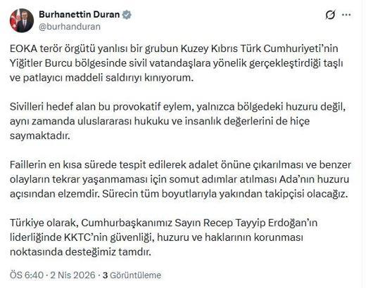 İletişim Başkanı Duran: EOKA terör örgütü yanlılarının KKTC'deki saldırısını kınıyorum
