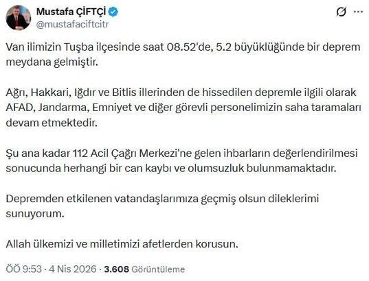Van'da 5.2 büyüklüğünde deprem; İçişleri Bakanı Mustafa Çiftçi'den açıklama