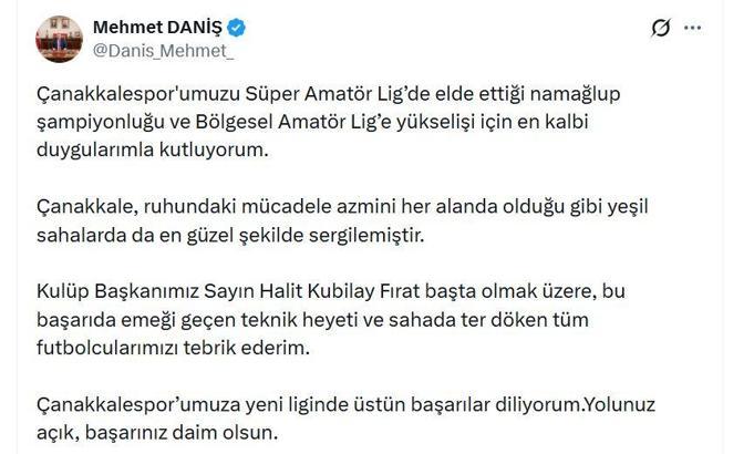 RTÜK Başkanı Daniş, Süper Amatör Lig’de şampiyon olan Çanakkalespor'u kutladı