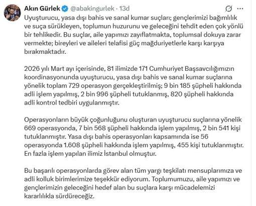 Bakan Gürlek: Uyuşturucu, yasa dışı bahis ve sanal kumar operasyonlarında 2 bin 996 şüpheli tutuklandı