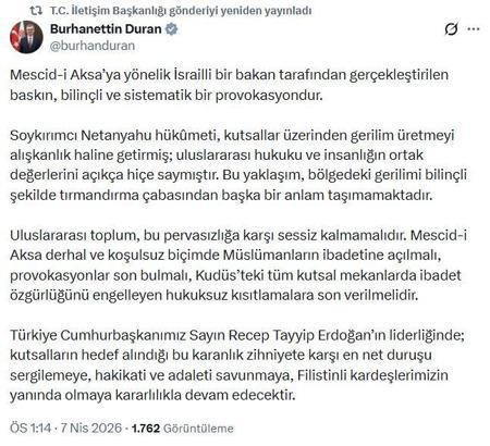 İletişim Başkanı Duran: Mescid-i Aksa’ya yönelik baskın, bilinçli ve sistematik bir provokasyondur