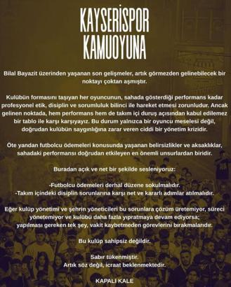 Kayserispor taraftar grubu Kapalı Kale: Bu kulüp sahipsiz değildir, sabır tükenmiştir