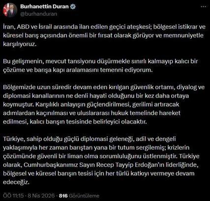 İletişim Başkanı Duran: Geçici ateşkesi memnuniyetle karşılıyoruz