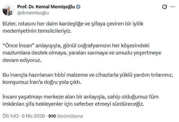 Bakan Memişoğlu: Tıbbi yardım yüklü TIR'larımız İran'a yola çıktı