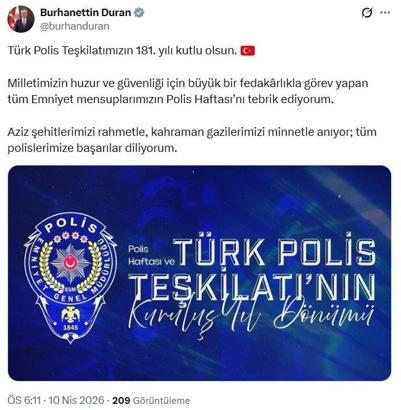 İletişim Başkanı Duran, Türk Polis Teşkilatı'nın 181'inci yılını kutladı