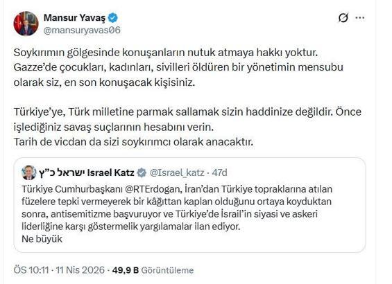 Mansur Yavaş, Cumhurbaşkanı Erdoğan'ı hedef alan İsrail Savunma Bakanı'na yanıt verdi