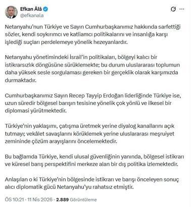 AK Parti'li Ala'dan Cumhurbaşkanı Erdoğan'ı hedef alan Netanyahu'ya yanıt