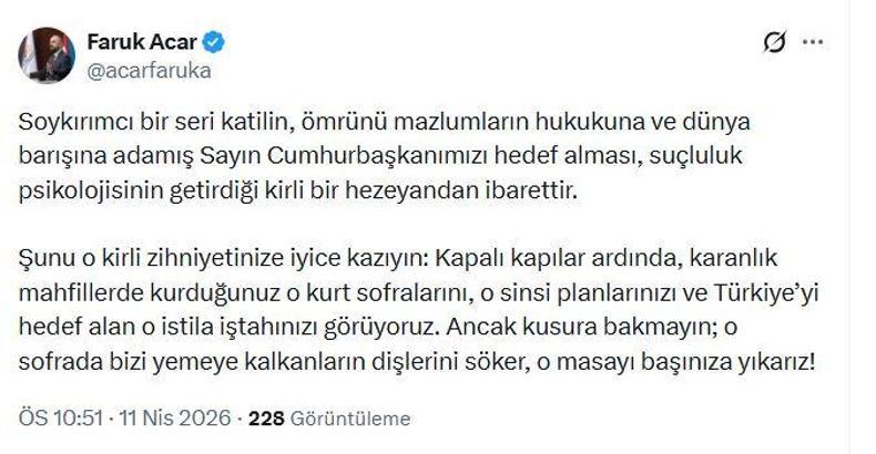 AK Parti'li Acar: Soykırımcı bir seri katilin, Cumhurbaşkanımızı hedef alması kirli bir hezeyandan ibarettir