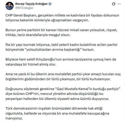 Cumhurbaşkanı Erdoğan: CHP Genel Başkanı yolsuzluk, rüşvet, irtikap, taciz skandallarıyla meşgul olsun