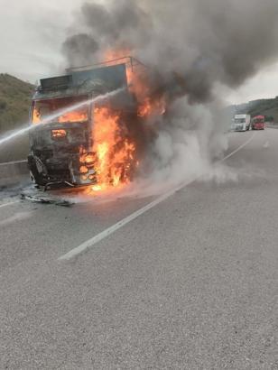 Seyir halindeki TIR alev alev yandı