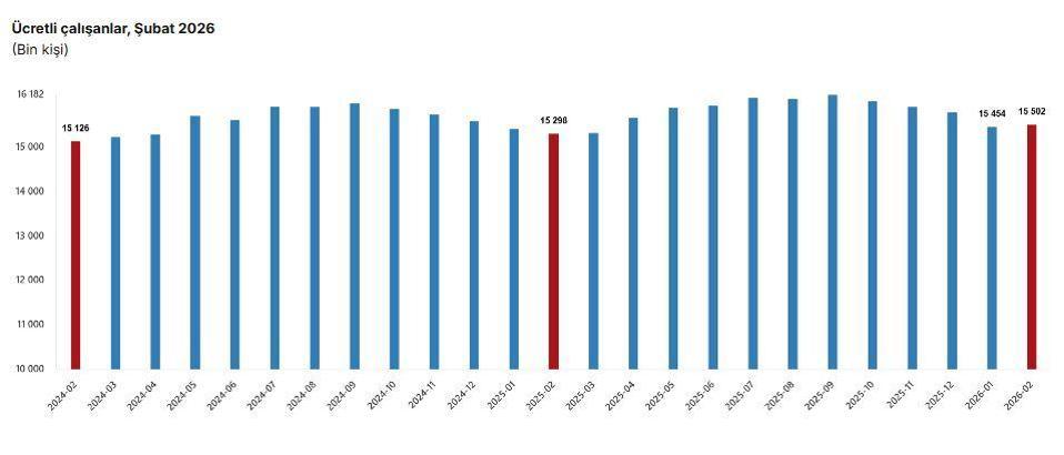 TÜİK: Ücretli çalışan sayısı şubat ayında arttı