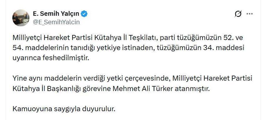 MHP'li Yalçın: Kütahya İl Teşkilatı feshedildi