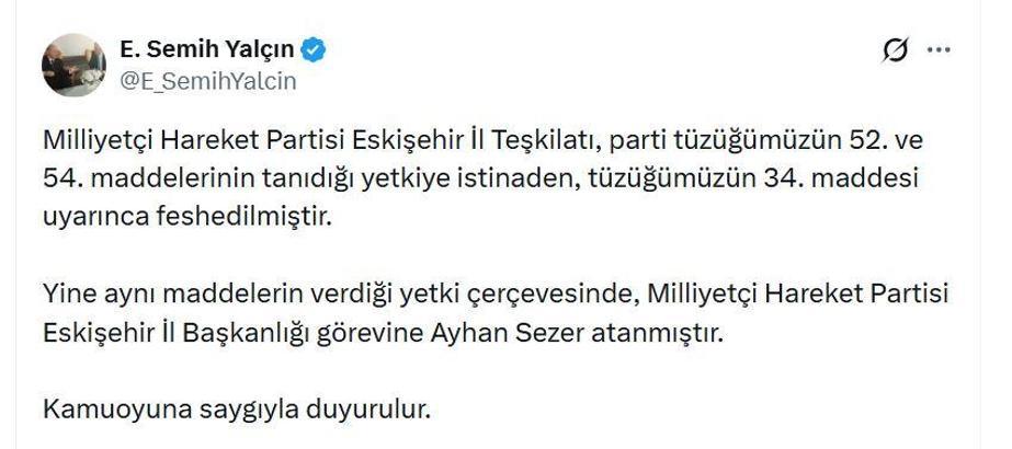 MHP'li Yalçın: Eskişehir İl Teşkilatı feshedildi