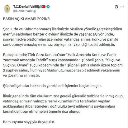 Denizli'de okul saldırılarıyla ilgili yanıltıcı paylaşımlar yapan 2 şüpheli gözaltına alındı