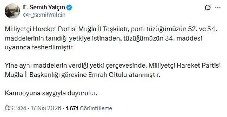 MHP'li Yalçın: Muğla İl Teşkilatı feshedildi
