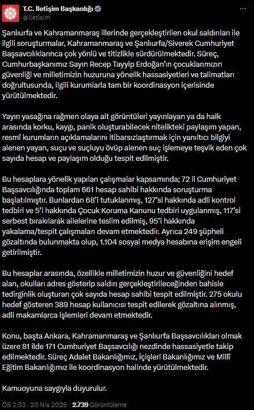 İletişim Başkanlığı: Okullardaki saldırılara ilişkin 661 hesap sahibi hakkında soruşturma başlatıldı