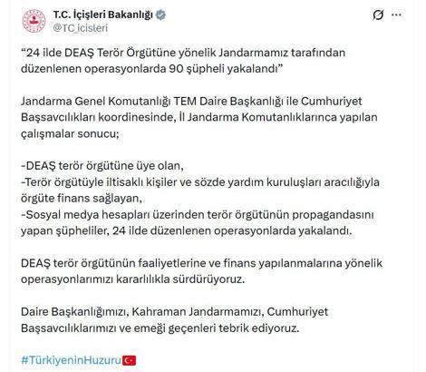 24 ilde DEAŞ terör örgütüne yönelik operasyon: 90 gözaltı