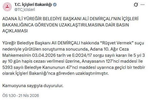 Yüreğir Belediye Başkanı Demirçalı, görevden uzaklaştırıldı