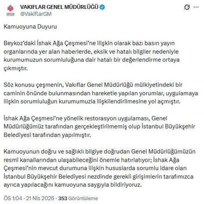 Vakıflar Genel Müdürlüğü'nden 'İshak Ağa Çeşmesi' açıklaması