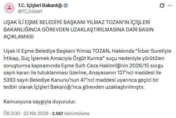 Eşme Belediye Başkanı Tozan görevden uzaklaştırıldı