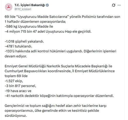 69 ilde uyuşturucu operasyonu: 478 tutuklama