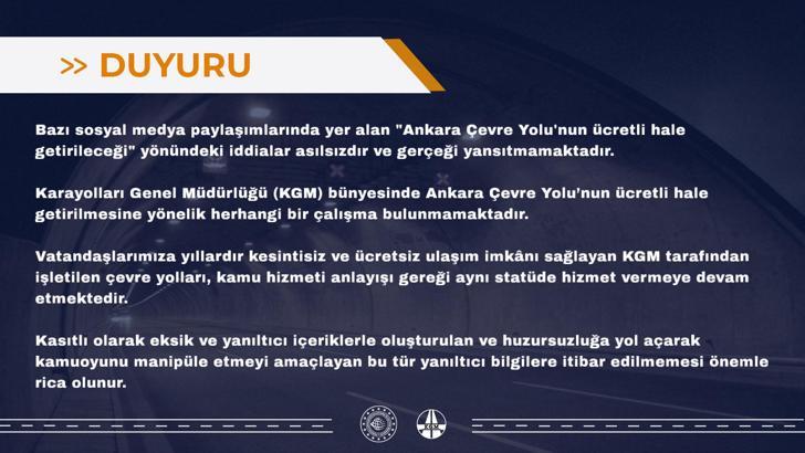 KGM, 'Ankara Çevre Yolu'nun ücretli hale getirileceği' iddialarının asılsız olduğunu duyurdu