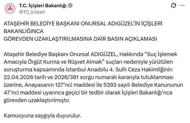 Ataşehir Belediye Başkanı Adıgüzel görevden uzaklaştırıldı