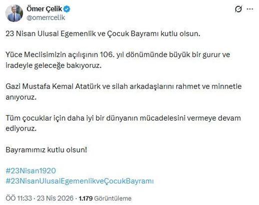 AK Parti'li Çelik: 23 Nisan Ulusal Egemenlik ve Çocuk Bayramı kutlu olsun