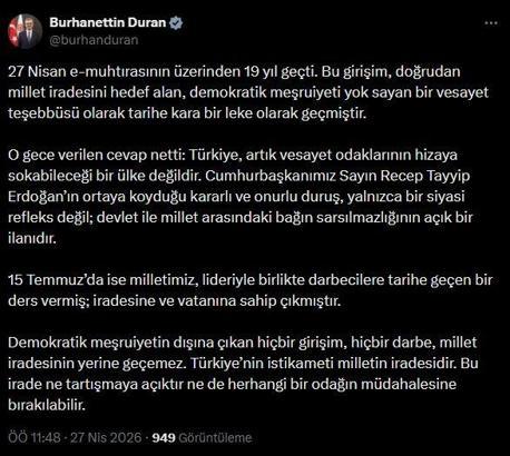 İletişim Başkanı Duran: Hiçbir darbe millet iradesinin yerine geçemez