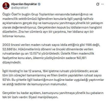 Bakan Bayraktar: Özgür Özel'in talihsiz açıklamaları gerçek dışı