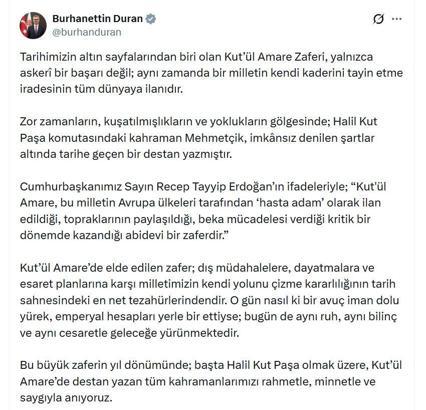 İletişim Başkanı Duran'dan 'Kut'ül Amare Zaferi' paylaşımı