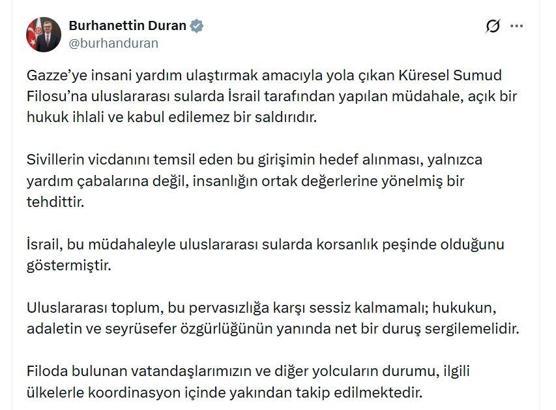 İletişim Başkanı Duran: Küresel Sumud Filosu'na yapılan müdahale, açık bir hukuk ihlalidir