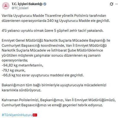 Van'da 240 kilo uyuşturucu ele geçirildi; 5 gözaltı